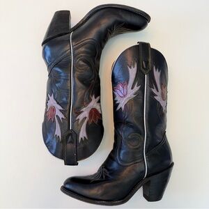 Vintage Miss Capezio Black Cowboy Boots with Inlay Design, Size 8